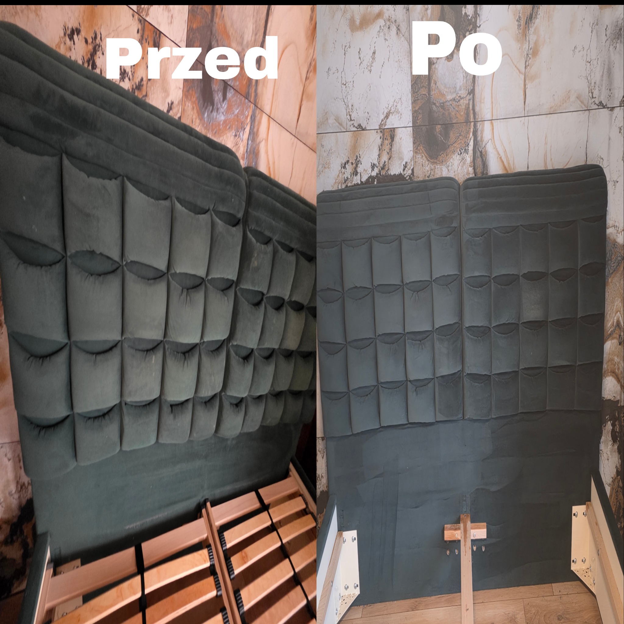 Zdjęcie 'przed i po' prania tapicerki łóżka z zielonego weluru. Po prawej stronie widoczny efekt czyszczenia, po lewej zabrudzona tapicerka. Widok z góry.