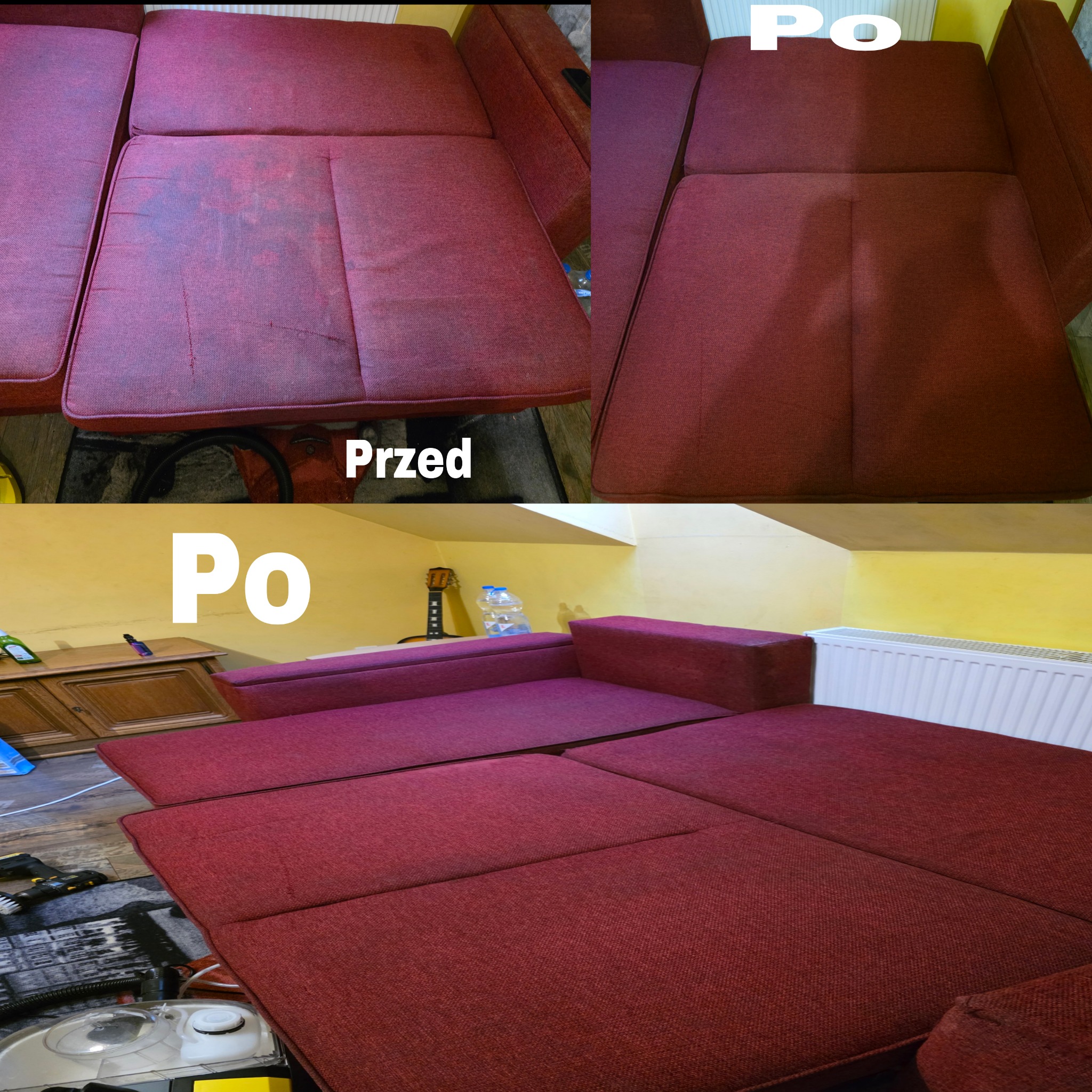 Czerwona sofa modułowa w układzie 'przed' - widoczne plamy i 'po' - czysta, odświeżona tapicerka. Ujęcie z góry, prezentujące efekt prania.