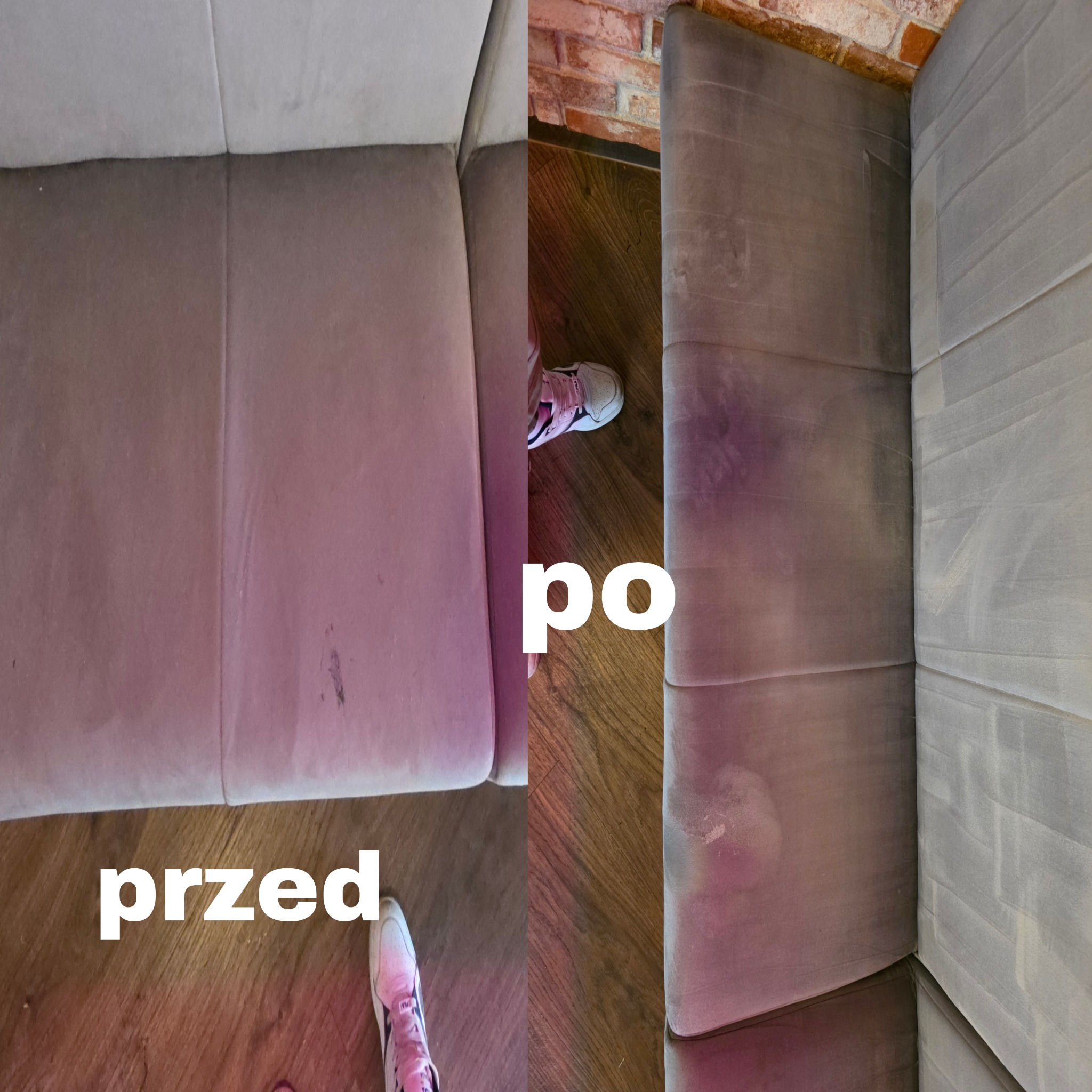 Zdjęcie 'przed i po' prania narożnika z szarej tkaniny. Widoczne różnice w czystości materiału, z uwzględnieniem detali zabrudzeń i odświeżonego koloru. Częściowo widoczne buty osoby.