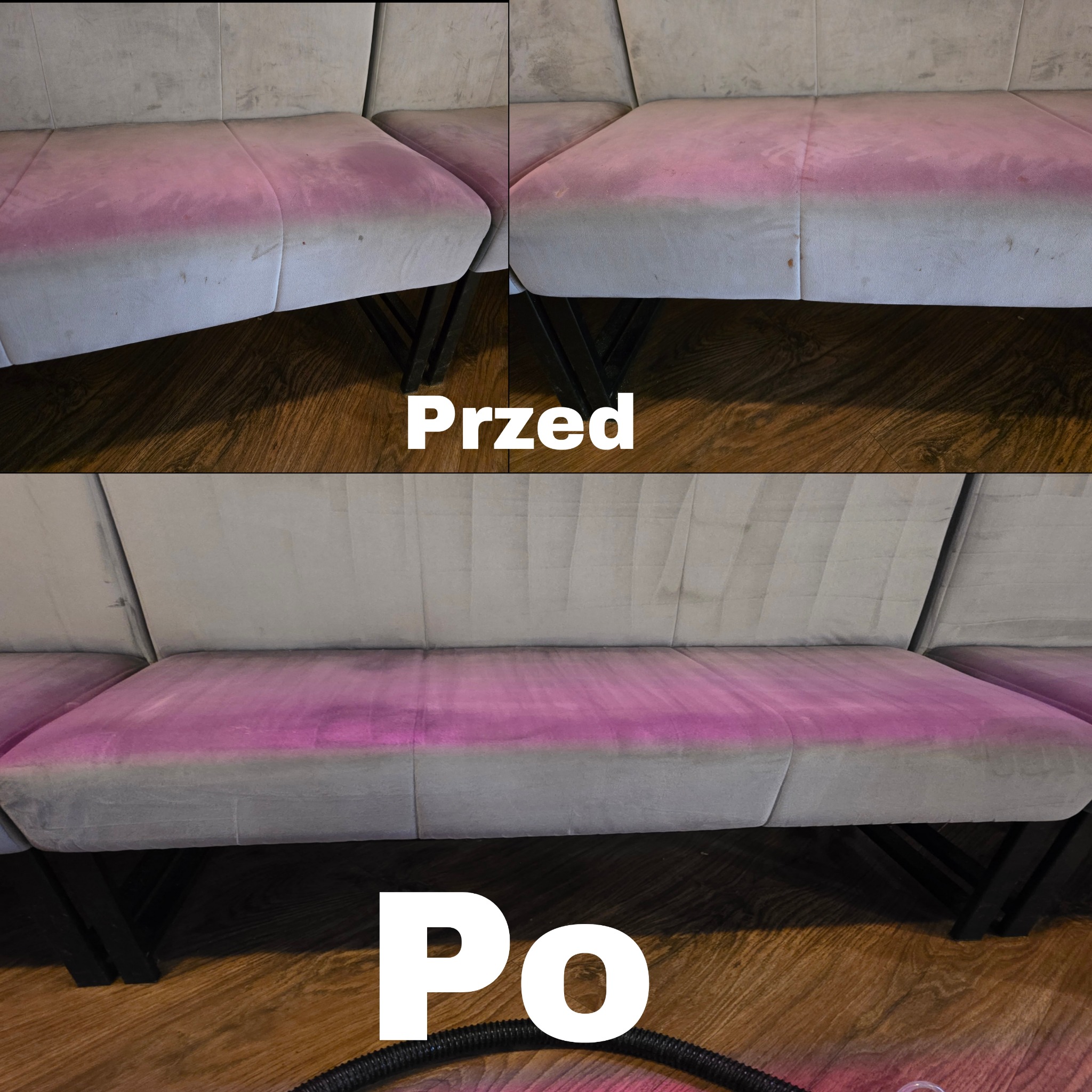 Szara kanapa z plamami przed i po czyszczeniu. Widoczne różnice w odcieniu i czystości tapicerki. Ujęcie z bliska, ukazujące detale tkaniny i efekt prania.