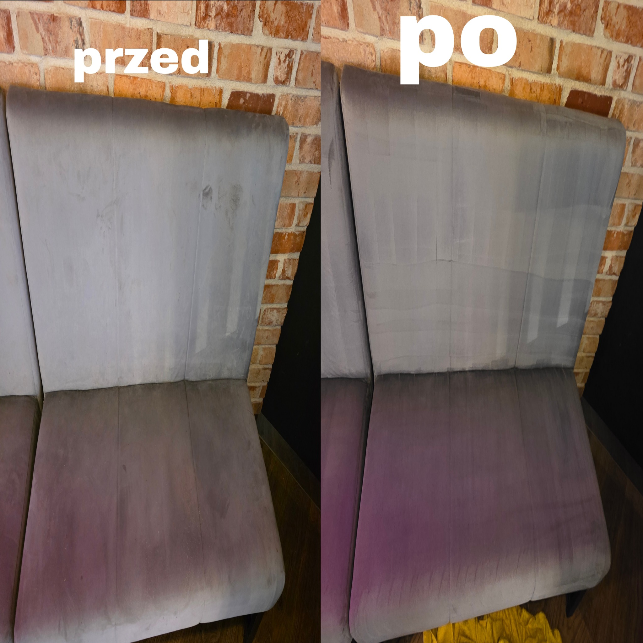 Szara sofa tapicerowana: widok przed i po czyszczeniu. Po lewej stronie widoczne plamy, po prawej sofa czysta, na tle ceglanej ściany.