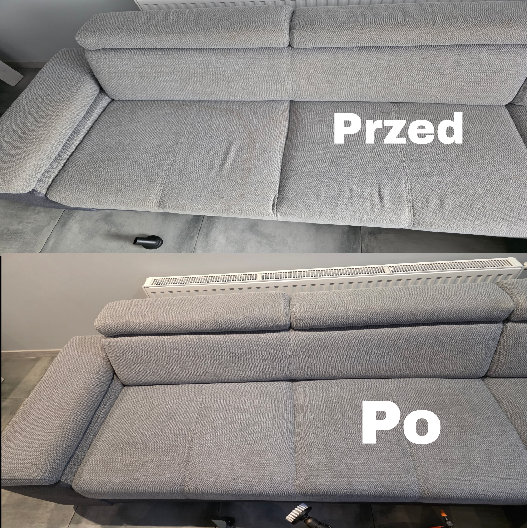 Szara kanapa przed i po praniu. Widoczne plamy na górnej części (przed), a dolna część (po) jest czysta. Ujęcie z góry, widoczne narzędzia do czyszczenia.