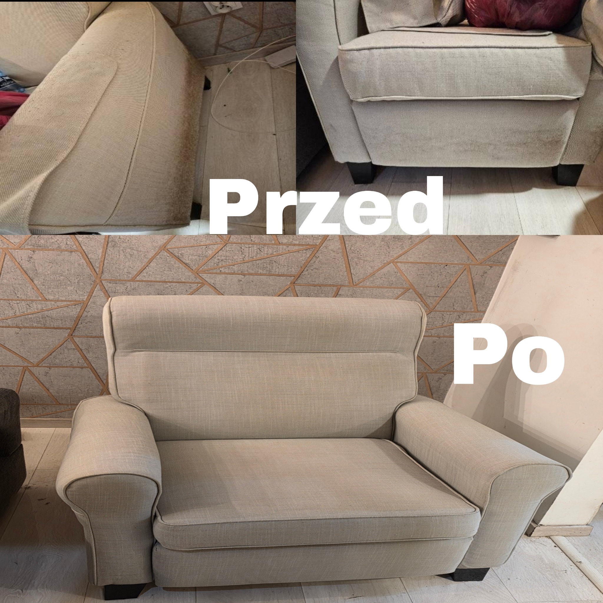 Kompilacja 'przed i po' prezentująca wyczyszczony, beżowy fotel tapicerowany. Widoczne różnice w czystości tkaniny, ukazujące efekt usługi czyszczenia tapicerki.