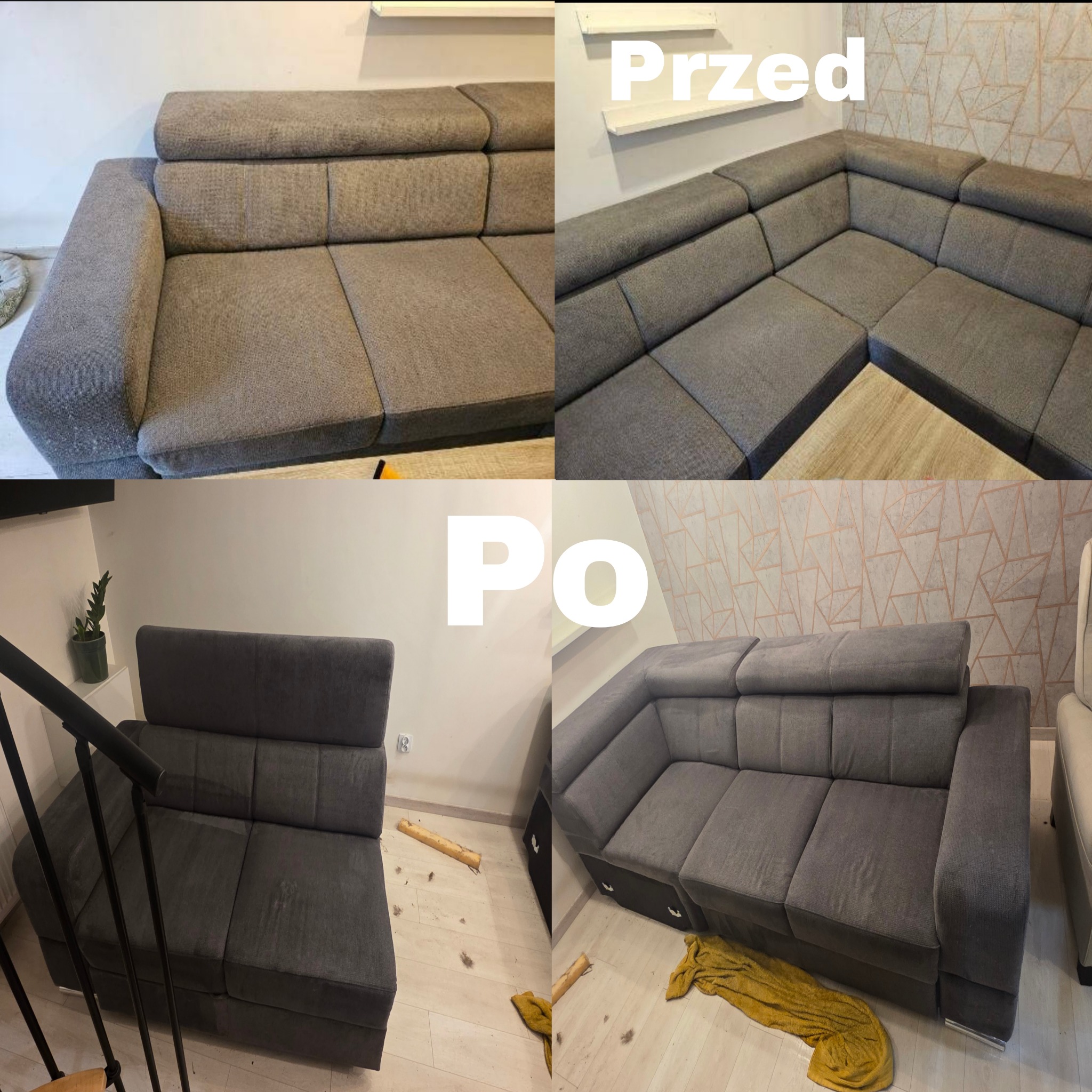 Zdjęcie 'przed i po' prania narożnika w odcieniach szarości. Widoczne różnice w czystości tapicerki. Ujęcie z bliska, ukazujące detale tkaniny przed i po zabiegu.