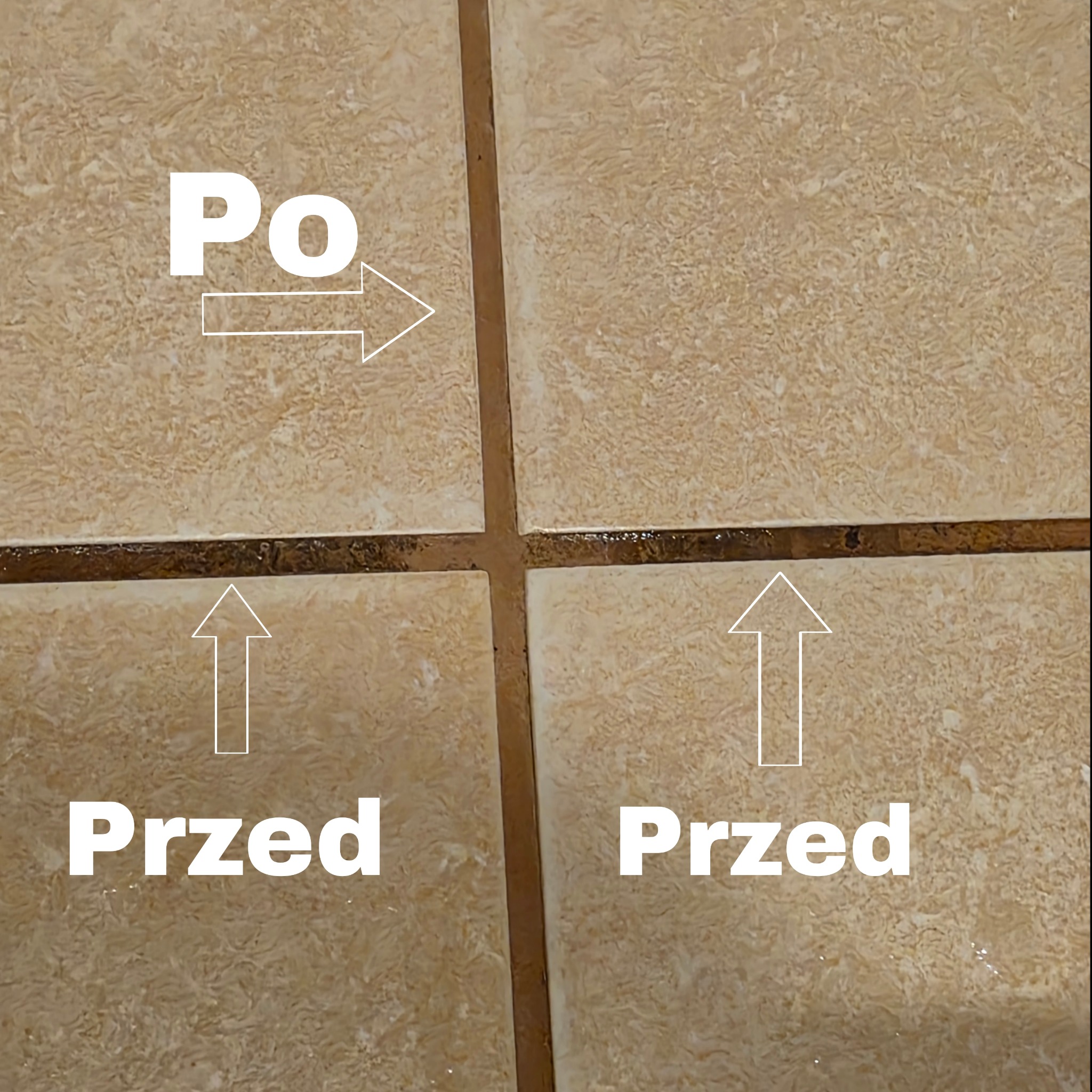 Czyszczenie fug na beżowych płytkach podłogowych. Po prawej i u góry efekt po czyszczeniu, po lewej i na dole widoczny brud przed czyszczeniem.