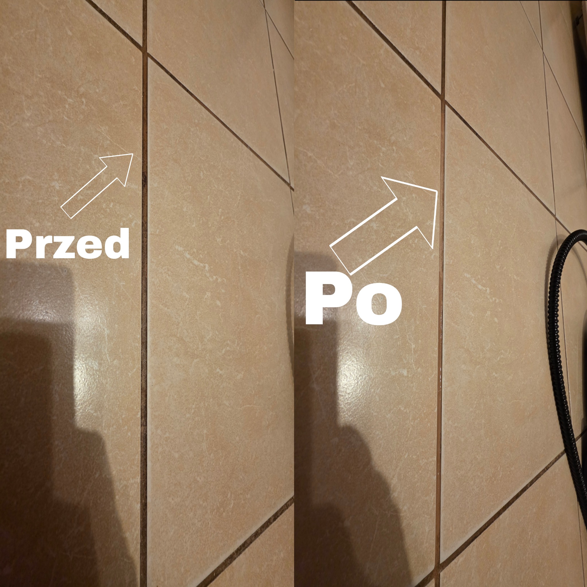 Płytki podłogowe: widok przed i po czyszczeniu fug. Po prawej fragment węża odkurzacza parowego. Porównanie stanu fugi przed i po zabiegu czyszczenia.
