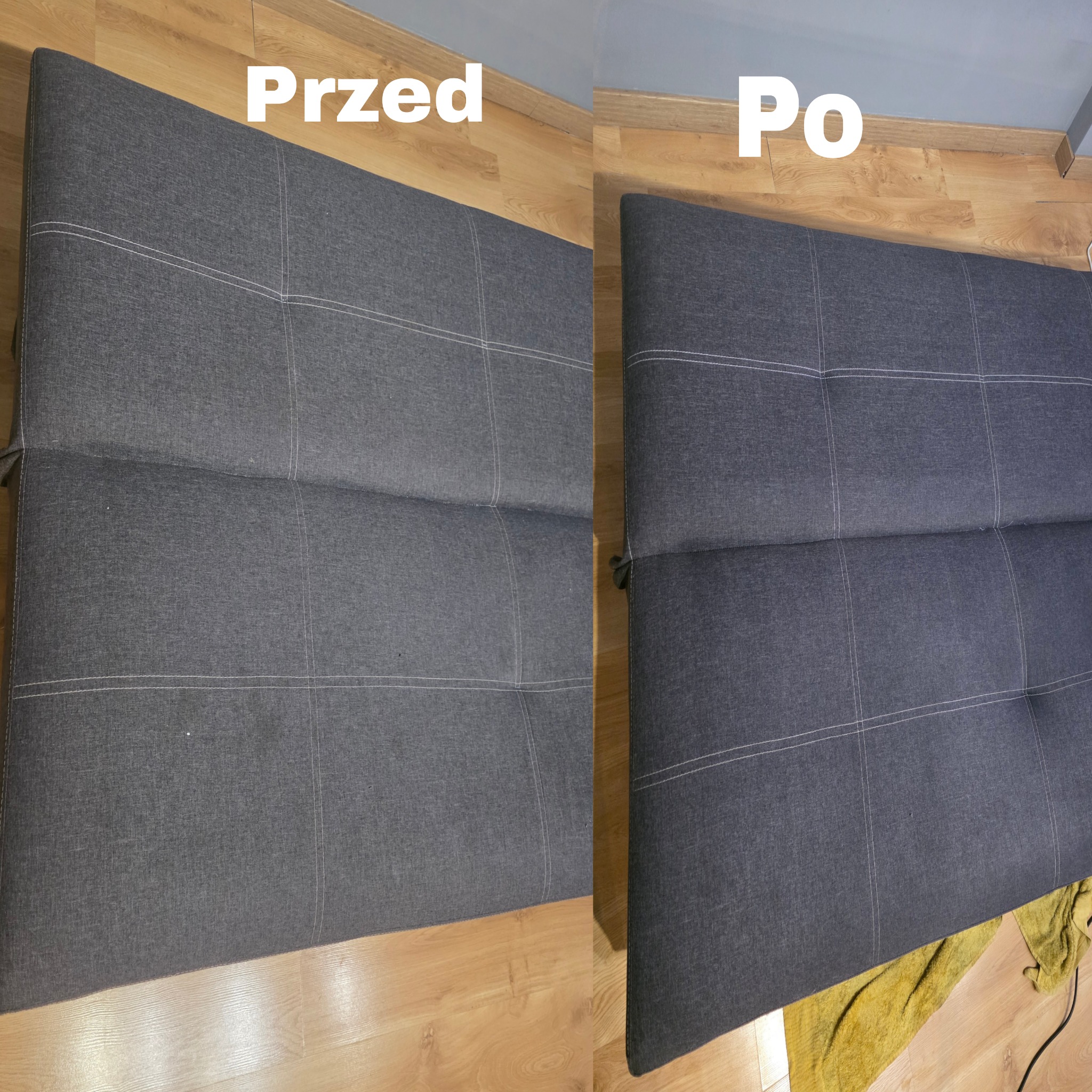 Szara tapicerka kanapy w układzie 'przed i po' czyszczeniu. Po lewej widoczne zabrudzenia, po prawej czysta powierzchnia z delikatnym połyskiem. Widok z góry, naturalne oświetlenie.