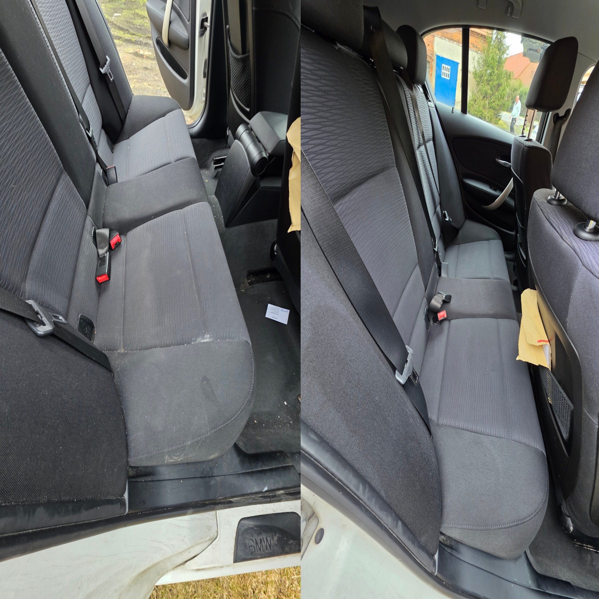 Tapicerka samochodowa tylnych siedzeń przed i po czyszczeniu. Widoczne różnice w czystości materiału, zwłaszcza na siedziskach i oparciach. Detailing wnętrza BMW.