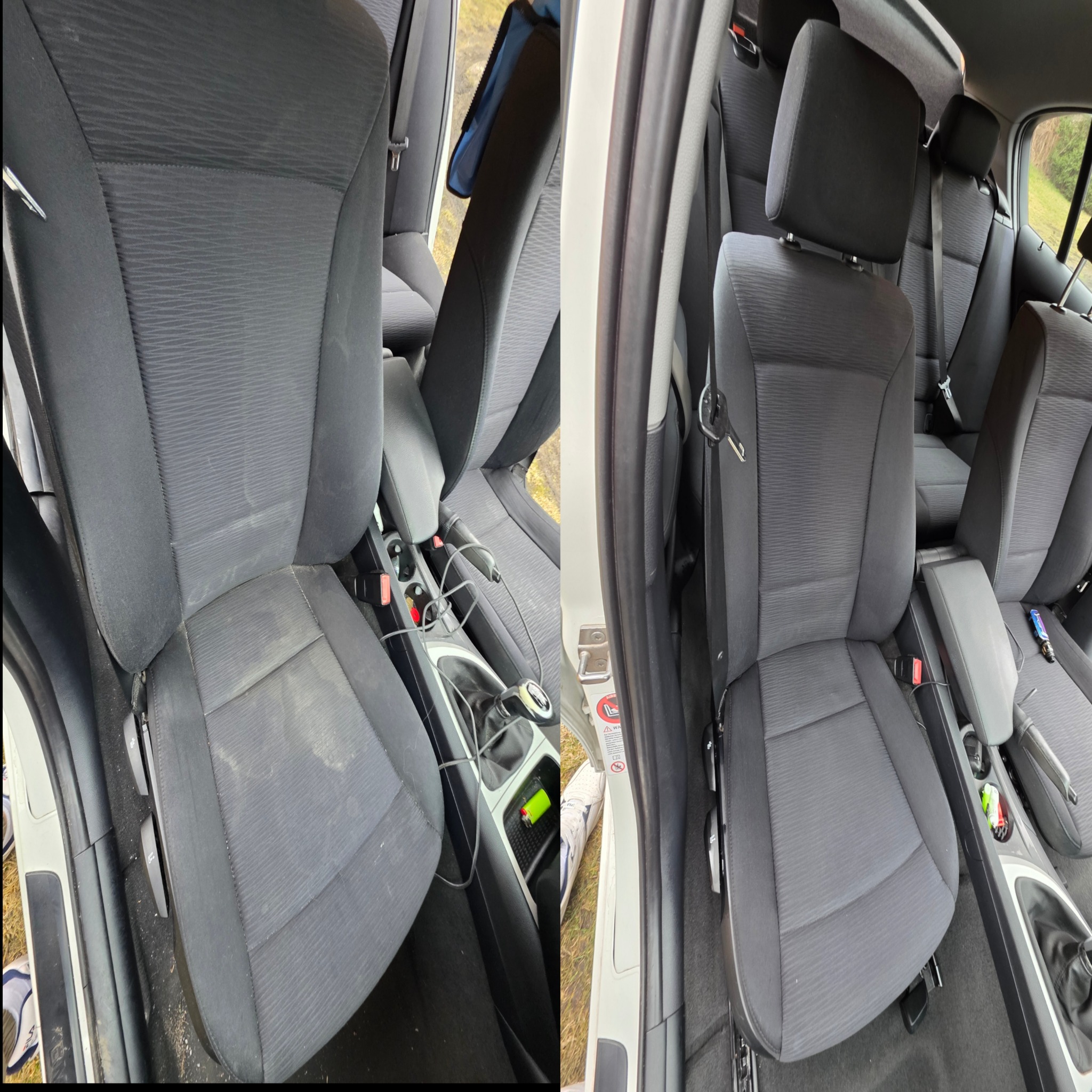 Zdjęcie 'przed i po' prania tapicerki samochodowej. Po lewej stronie widoczne zabrudzone siedzenie, po prawej czyste, odświeżone. Widoczne detale wnętrza auta.