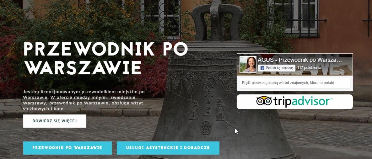 Strona internetowa przewodnika po Warszawie z tekstem 'Przewodnik po Warszawie', przyciskiem 'Dowiedz się więcej', logo TripAdvisor i elementami dekoracyjnymi.