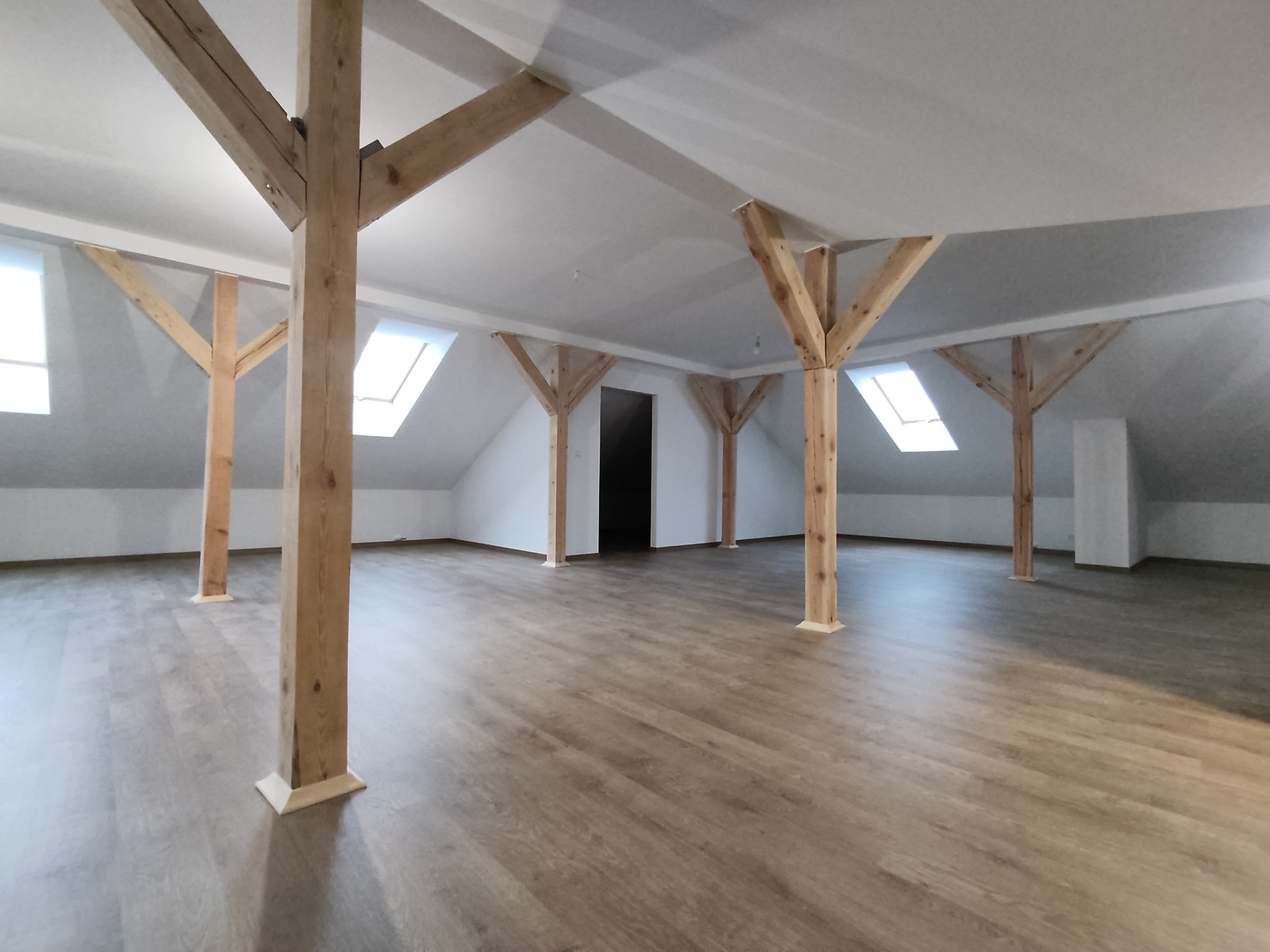 Jasne poddasze z drewnianymi słupami konstrukcyjnymi, nową podłogą z paneli i oknami dachowymi, widok na puste wnętrze.