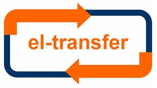 Logo el-transfer z dwoma strzałkami tworzącymi obieg, jedna pomarańczowa, druga granatowa.