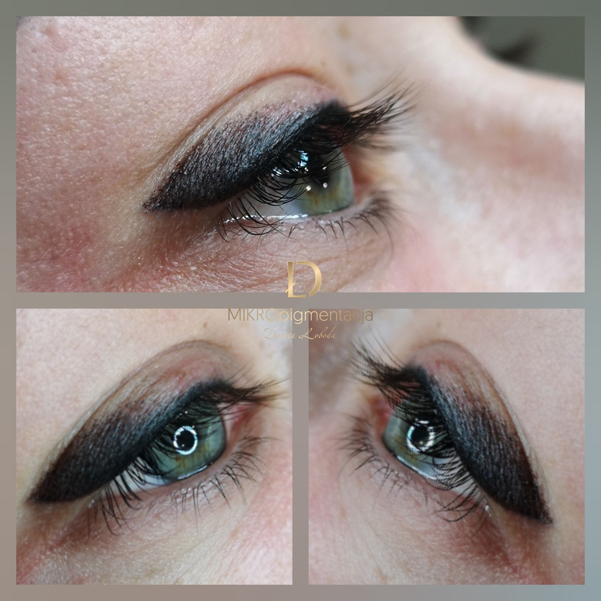 Detale trwałego makijażu oka w kolorze czarnym, z widocznymi rzęsami i tęczówką w odcieniach zieleni, prezentowane w trzech ujęciach.