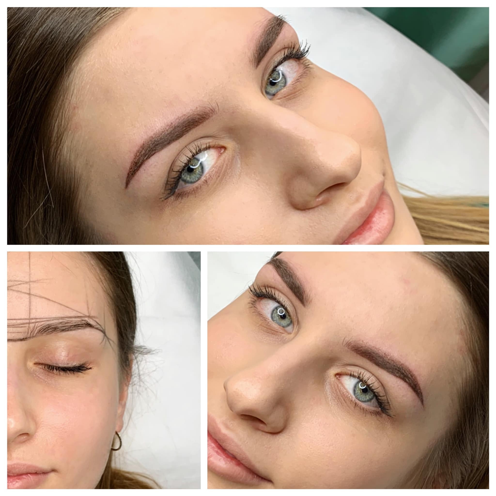 Kolaż przedstawiający etapy modelowania i pigmentacji brwi, widoczne precyzyjne linie pomiarowe oraz efekt końcowy z wyraźnie zdefiniowanym kształtem brwi.