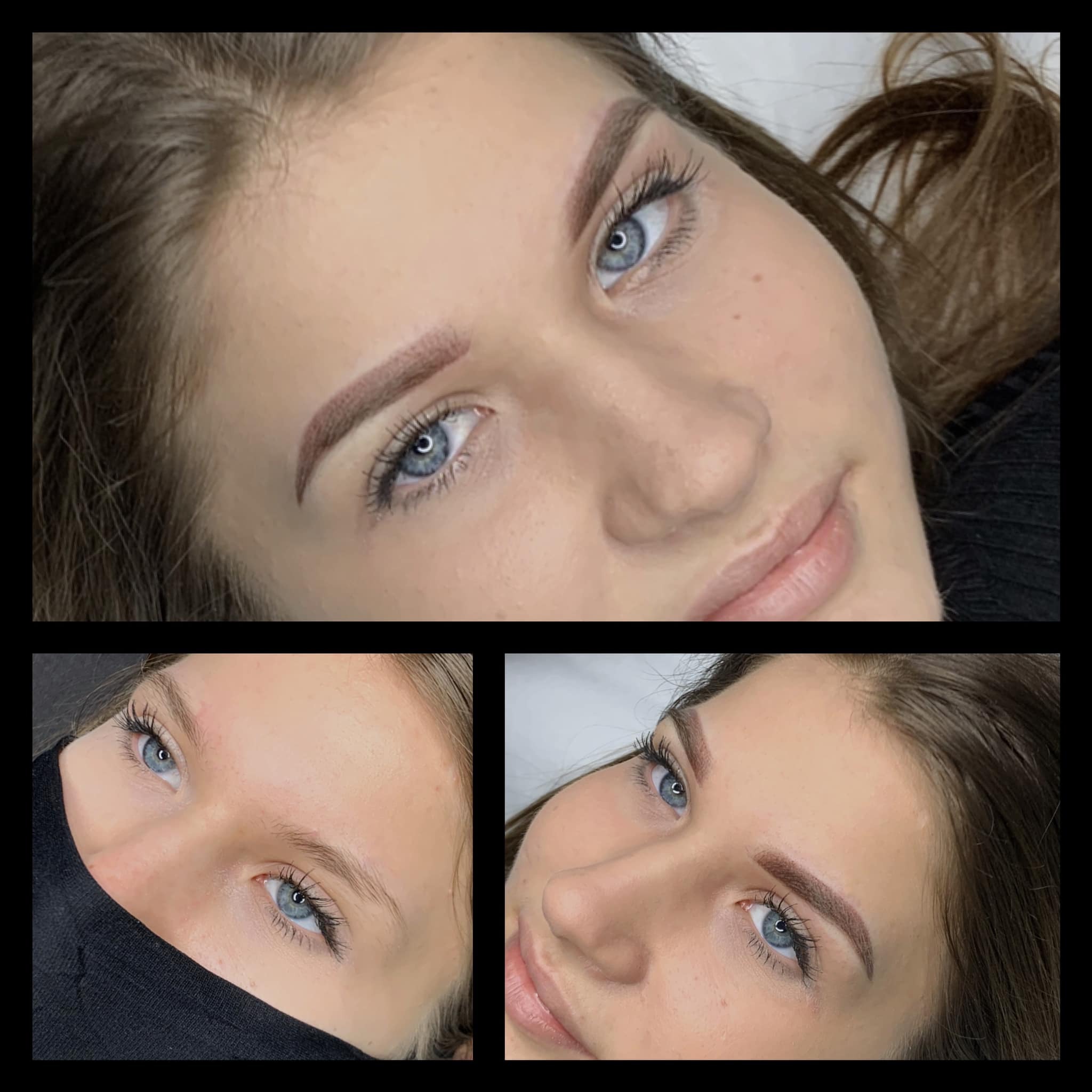 Blondwłosa kobieta z niebieskimi oczami prezentuje efekt makijażu permanentnego brwi, widoczne zbliżenie na brwi i oczy, dodatkowo dwa ujęcia z innych perspektyw.