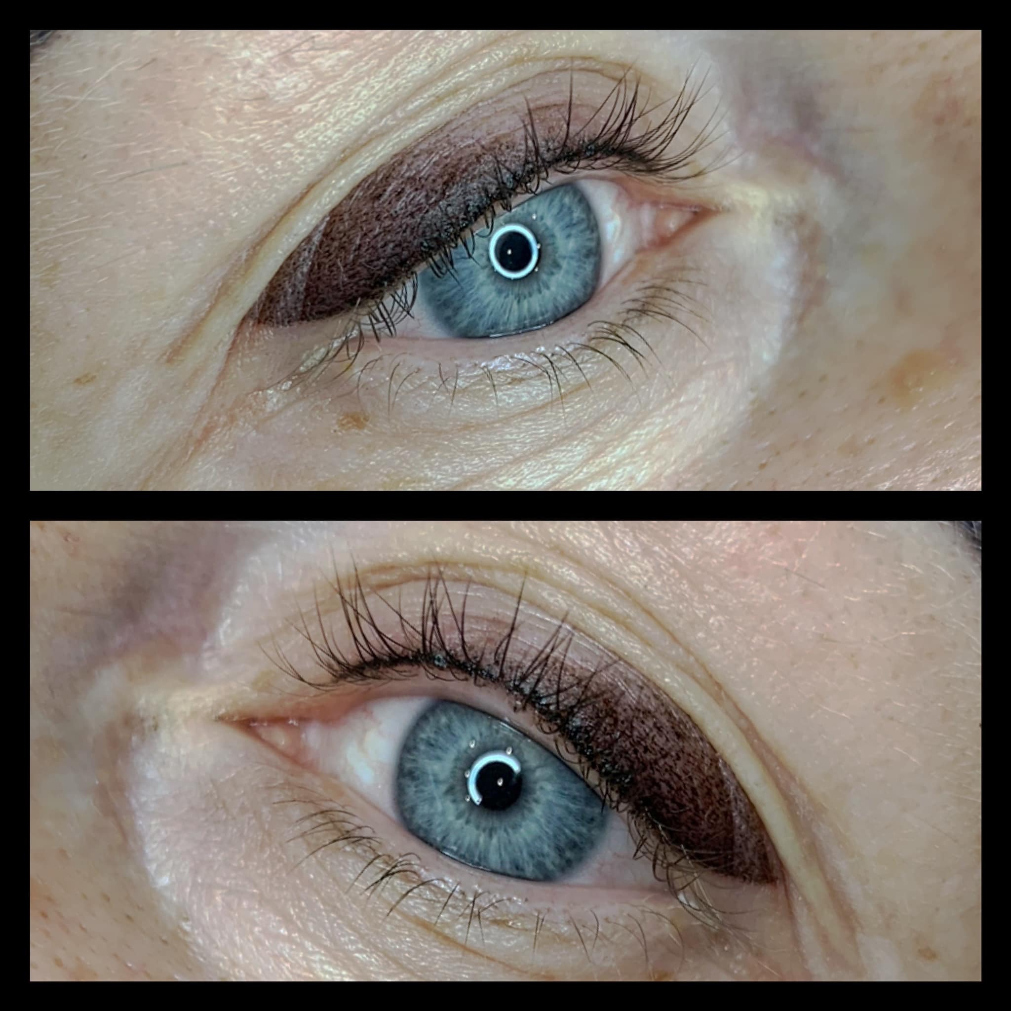 Zbliżenie na dwa niebieskie oczy z brązowym, delikatnym makijażem permanentnym powiek górnych i dolnych, widoczne drobne zmarszczki wokół oczu.