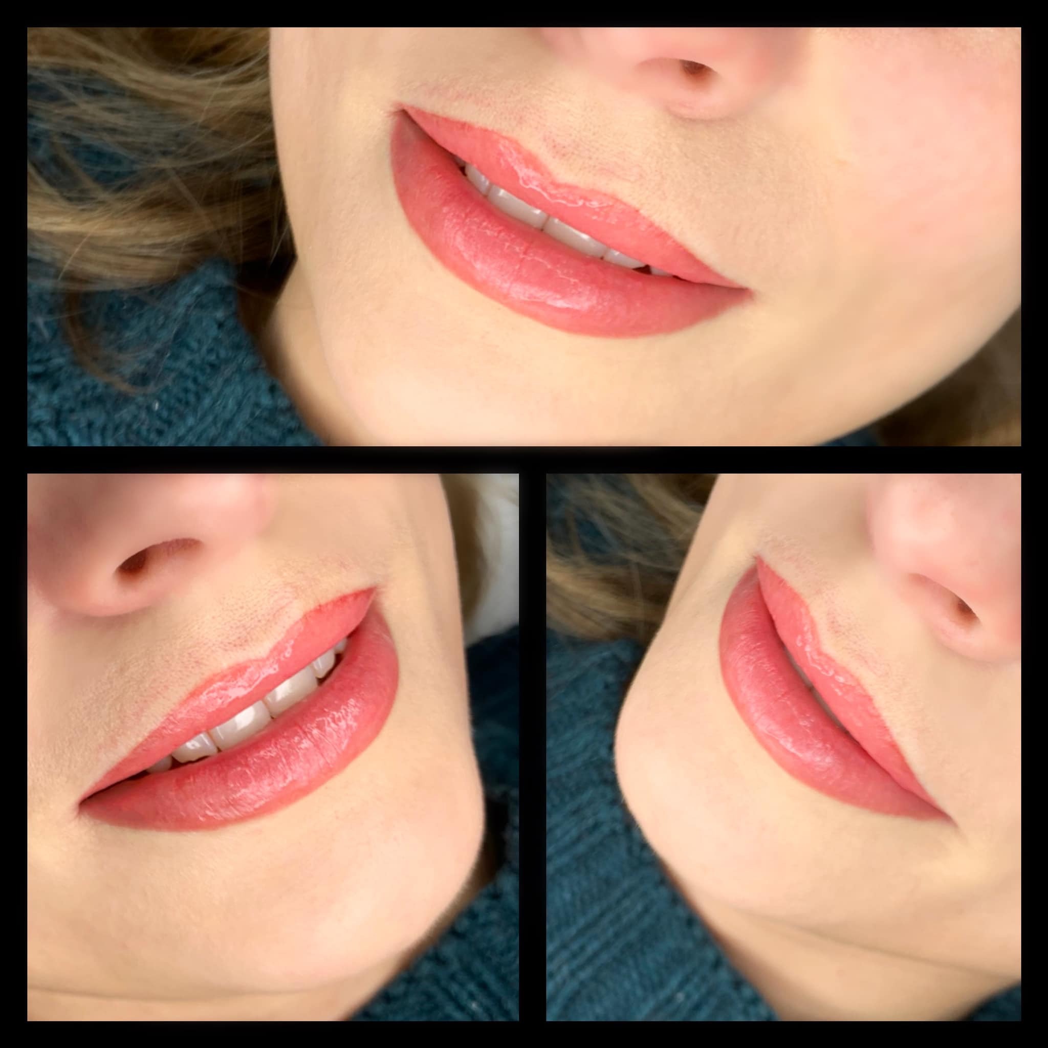 Zbliżenie ust kobiety po zabiegu pigmentacji, prezentujące efekt pełnych, koralowych warg z wyraźnie zarysowanym konturem, w trzech różnych ujęciach.