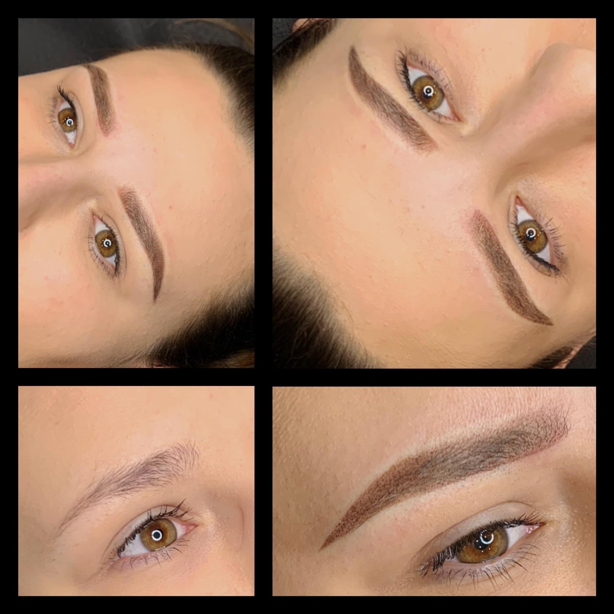 Kolaż przedstawiający brwi kobiety przed i po zabiegu pigmentacji permanentnej, z bliska widoczne detale kształtu i koloru.