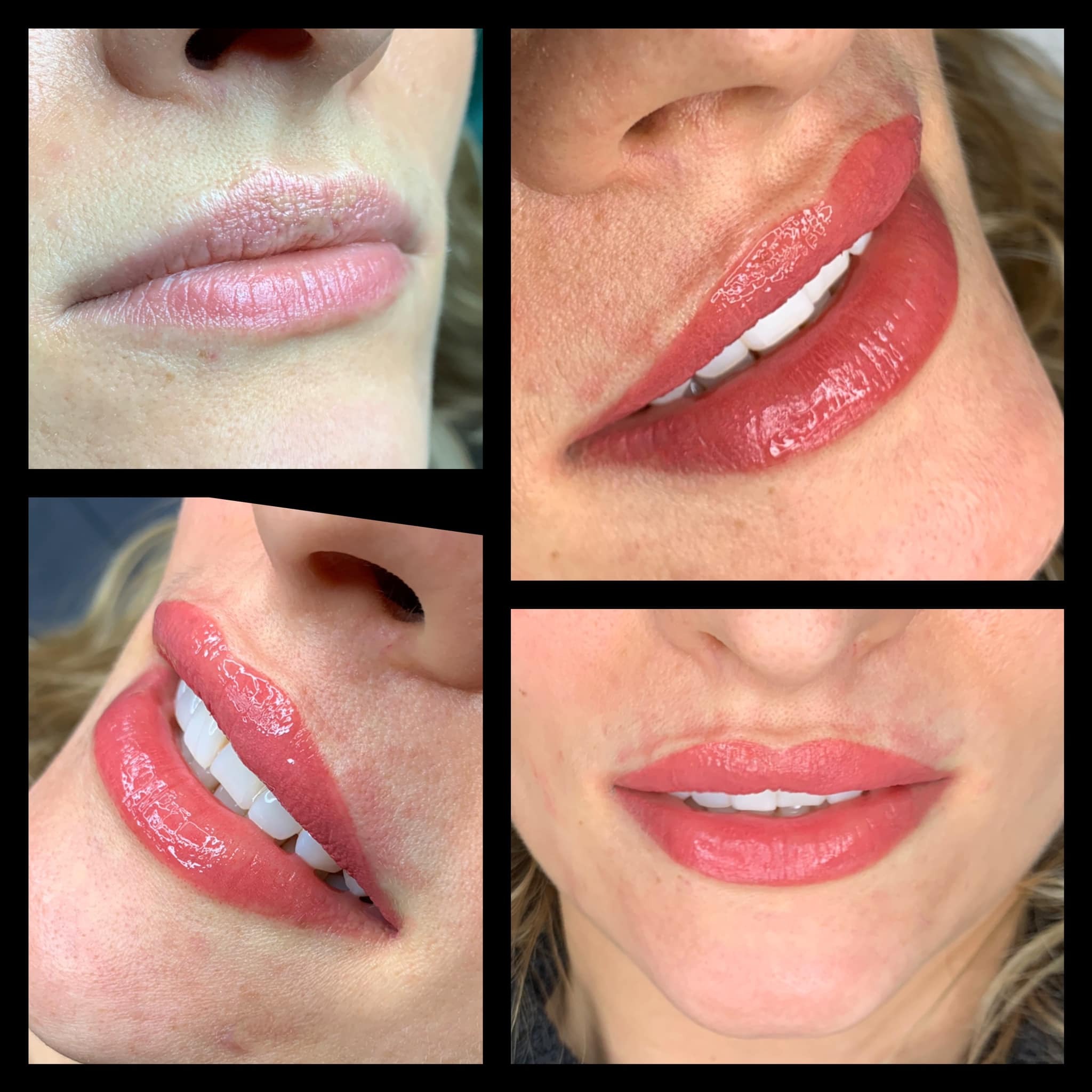 Kolaż czterech zbliżeń ust przed i po makijażu permanentnym, prezentujący różnicę w kolorze i konturze.