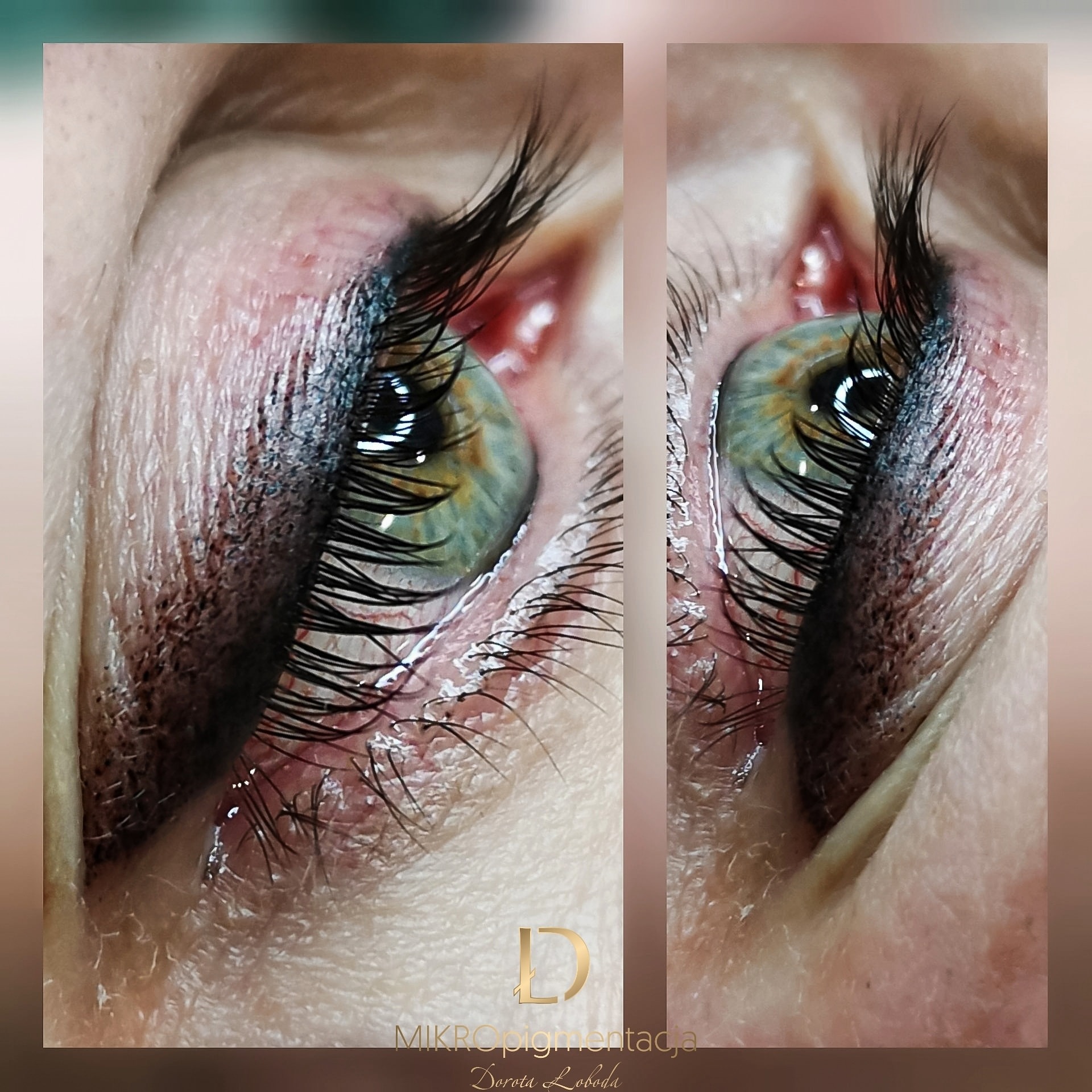 Zbliżenie na oko po zabiegu mikropigmentacji powiek, widoczne świeżo wykonane kreski górne i dolne, delikatne zaczerwienienie skóry w okolicy oka.