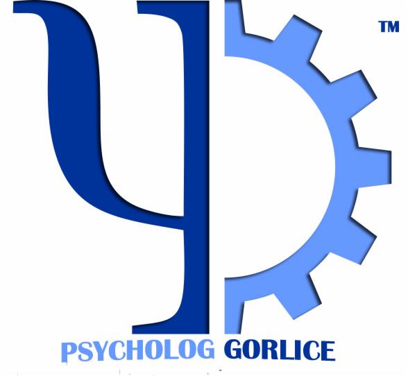 Logo: niebieski symbol psychologii połączony z jasnoniebieskim kołem zębatym, napis 'PSYCHOLOG GORLICE' poniżej.