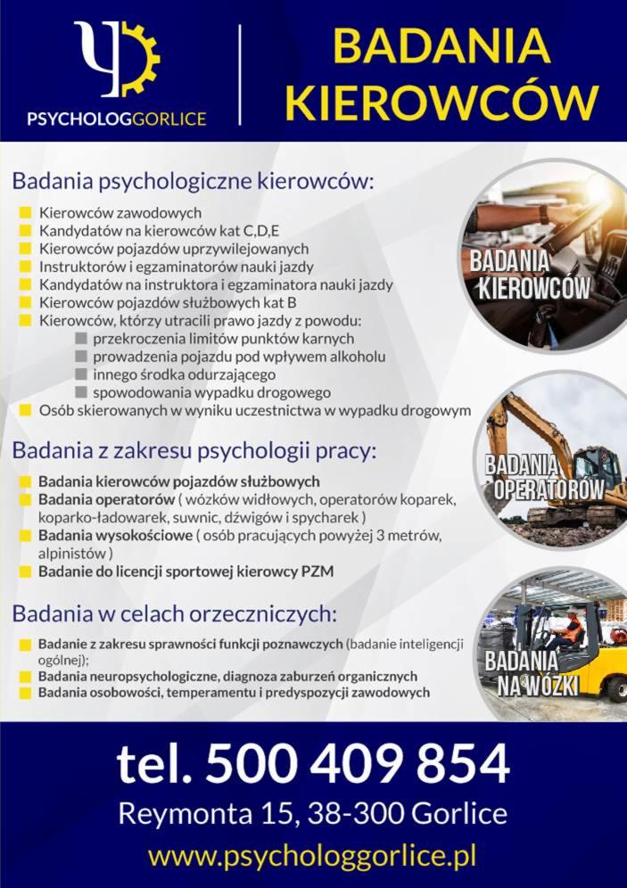 Plakat informacyjny o badaniach psychologicznych dla kierowców, operatorów i osób pracujących na wysokościach, z logo firmy i danymi kontaktowymi.