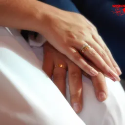 Dłonie nowożeńców z obrączkami spoczywające na białej sukni ślubnej, widoczny manicure panny młodej.