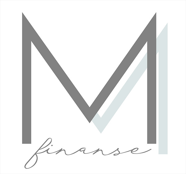 Szare logo firmy finansowej z stylizowaną literą M i napisem 'finanse' w kolorze szarym na białym tle, z delikatnym cieniem.