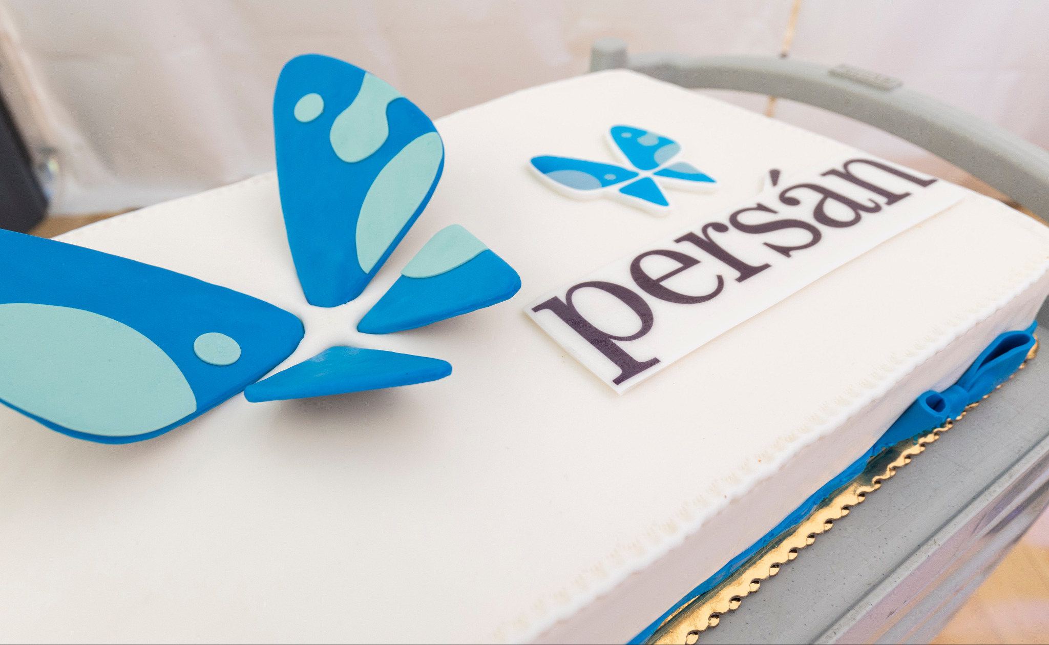 Prostokątny tort udekorowany niebieskimi motylami z lukru i napisem 'persán' w ciemnym kolorze, z niebieską wstążką na dole.