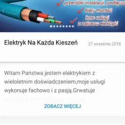 Reklama usług elektrycznych: kabel elektryczny, nazwa firmy Sebastian Murawski, numer telefonu, wykaz usług (nowe instalacje, demontaż, przeróbki, biały montaż), slogan 'Elektryk na każdą kieszeń'.