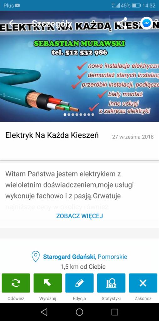 Reklama usług elektrycznych: kabel elektryczny, nazwa firmy Sebastian Murawski, numer telefonu, wykaz usług (nowe instalacje, demontaż, przeróbki, biały montaż), slogan 'Elektryk na każdą kieszeń'.