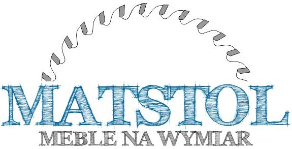 Szkicowe logo firmy Matstol Meble na Wymiar z piłą tarczową nad nazwą.