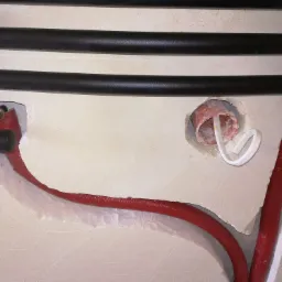 Czarny grzejnik łazienkowy drabinkowy z podłączonymi czerwonymi rurami w izolacji, widoczne elementy instalacji hydraulicznej w ścianie, w tym peszel z przewodami.