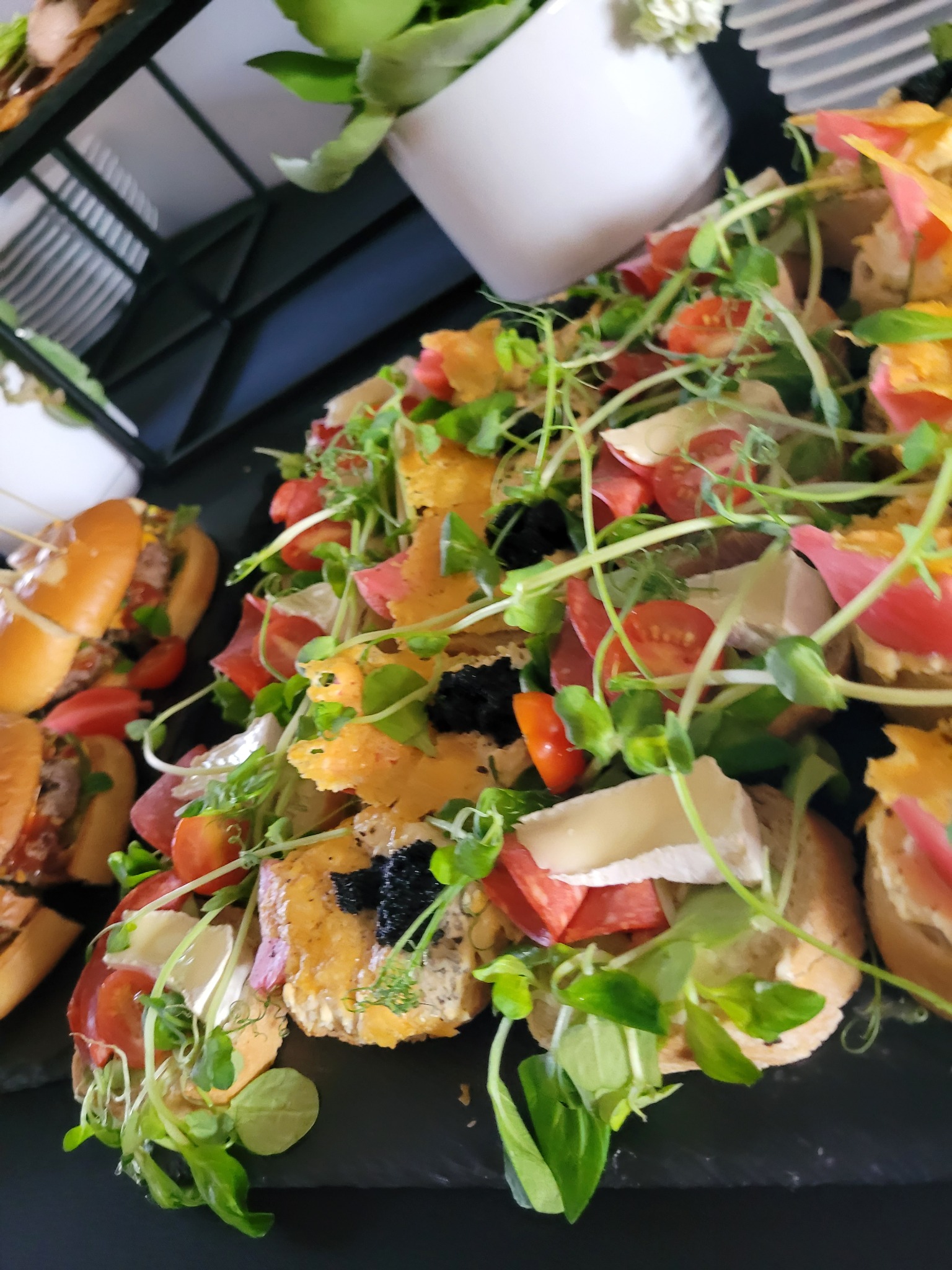 Dekoracyjne przekąski na ciemnym talerzu: mini burgery, kanapki z serem brie, pomidorami, kawiorem i świeżymi ziołami, ustawione obok białych donic z zielonymi roślinami.