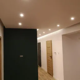 Wnętrze mieszkania po remoncie: ciemnozielona ściana z widocznymi puszkami elektrycznymi, jasna podłoga z paneli, drewniane drzwi i sufit z oświetleniem punktowym.