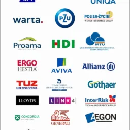 Zestawienie logo różnych firm ubezpieczeniowych działających w Kartuzach, prezentowanych na białym tle.