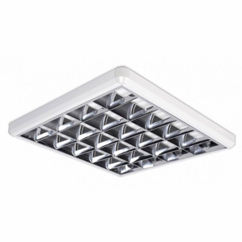 Kwadratowa oprawa rastrowa sufitowa z białym obramowaniem i srebrnymi reflektorami w kształcie piramid, widok od dołu.