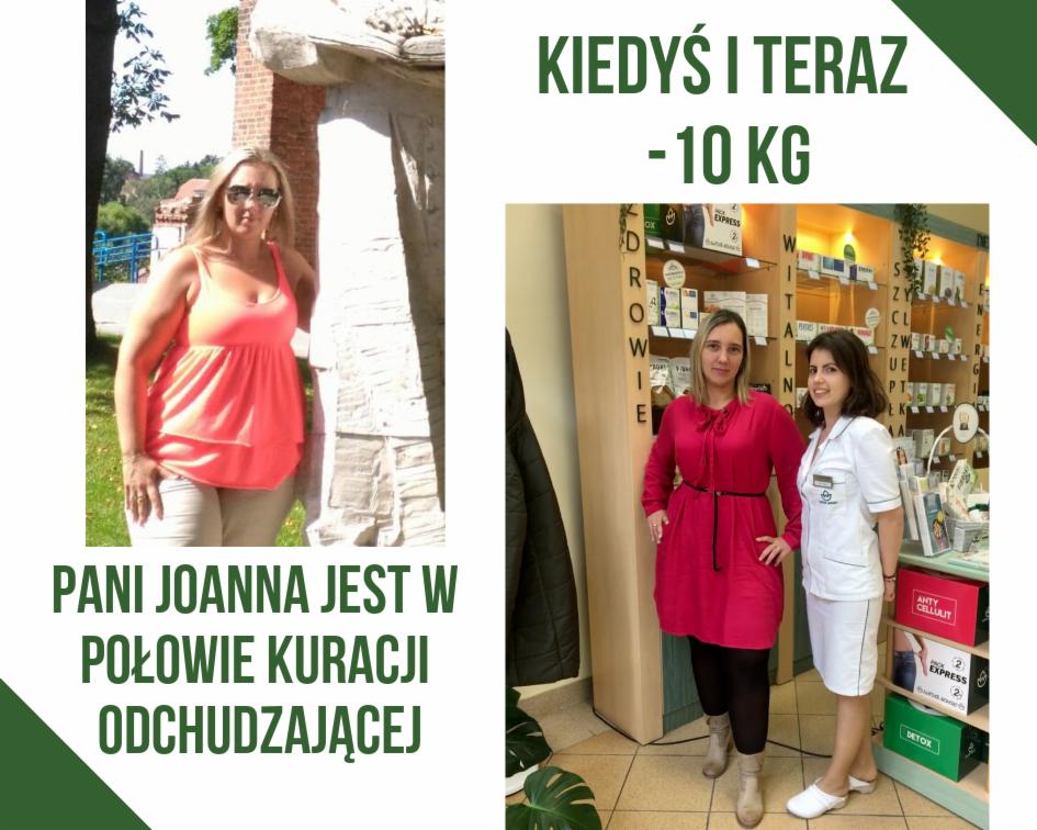 Zdjęcie typu 'przed i po' przedstawia kobietę przed i w trakcie kuracji odchudzającej. Po lewej stronie kobieta w pomarańczowej bluzce i okularach przeciwsłonecznych stoi przed budynkiem. Po prawej...