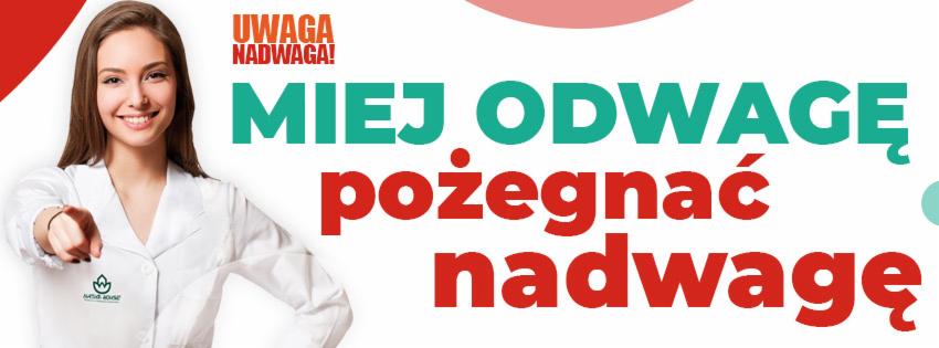Uśmiechnięta kobieta w białym fartuchu lekarskim wskazuje palcem do przodu, obok hasło reklamowe o walce z nadwagą.