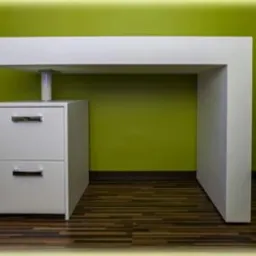 Białe biurko na wymiar z dwiema szufladami i pionowym wspornikiem, ustawione na podłodze z paneli w odcieniach brązu, na tle oliwkowozielonej ściany.