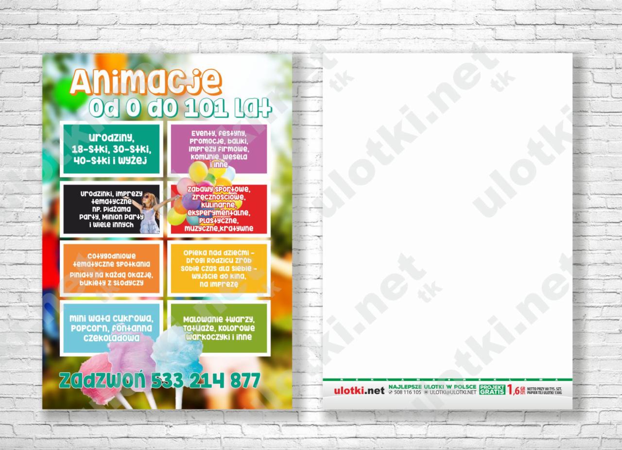 Kolorowa ulotka reklamowa z ofertą animacji dla dzieci i dorosłych, obejmująca urodziny, imprezy tematyczne, eventy firmowe, zabawy sportowe, malowanie twarzy, mini watę cukrową i popcorn,...