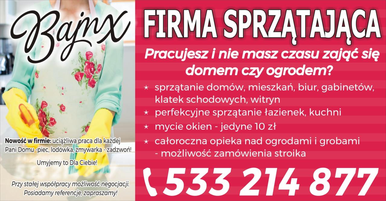 Reklama firmy sprzątającej: kobieta w fartuchu w kwiaty i żółtych rękawicach, oferta sprzątania domów, biur, mycia okien i opieki nad ogrodami, numer telefonu na różowym tle.