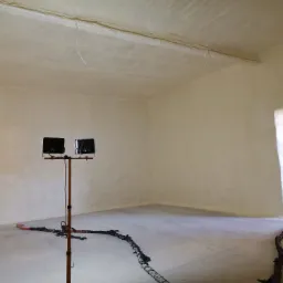 Wnętrze pomieszczenia po natrysku izolacji, widoczne lampy oświetleniowe na statywie i wąż do natrysku leżący na podłodze.