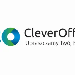 Logo firmy CleverOffice z hasłem 'Upraszczamy Twój Biznes', na białym tle, z gradientem koloru niebiesko-zielonym w symbolu 'co'.