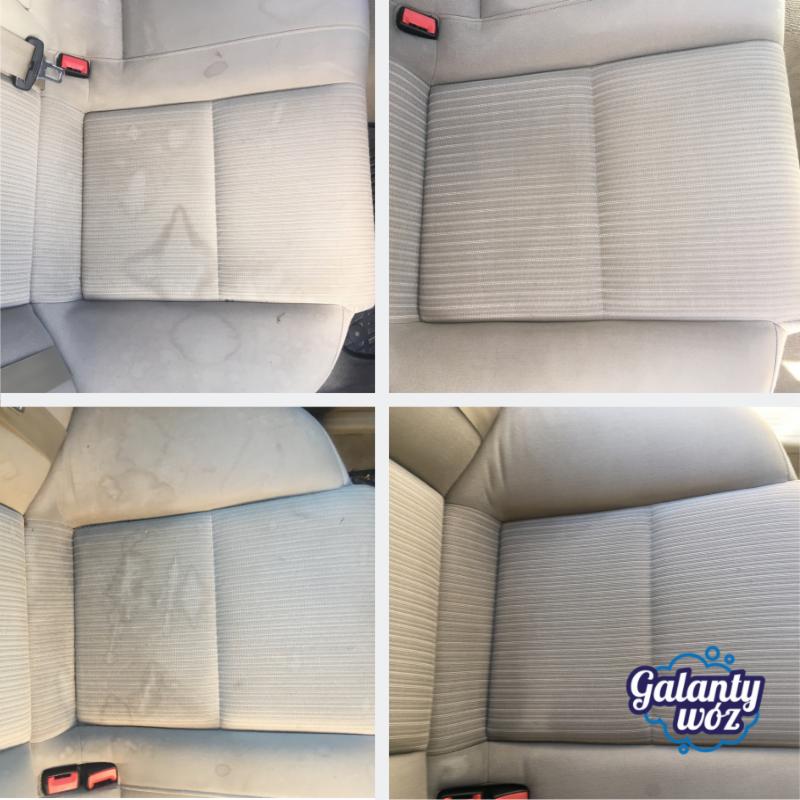 Fotografia kolażu prezentująca tylne siedzenie samochodowe przed i po czyszczeniu, z wyraźną różnicą w wyglądzie tapicerki, ukazująca efektywność procesu czyszczenia. W prawym dolnym rogu widoczne...