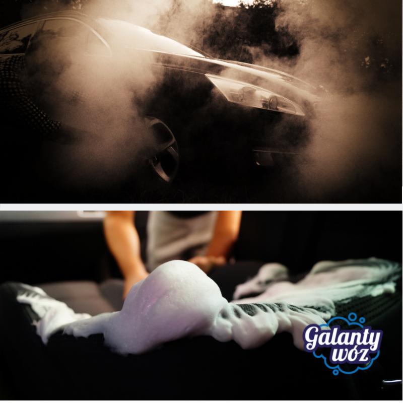 Górna część: Czarny samochód otoczony parą, widok z boku. Dolna część: Biała piana na czarnej tapicerce samochodowej, widoczny fragment dłoni osoby czyszczącej i logo 'Galanty Wóz'.