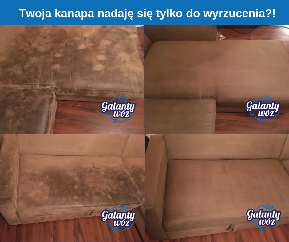 Porównanie kanapy przed i po praniu: po lewej widoczne silne zabrudzenia, po prawej czysta powierzchnia, na każdym ujęciu logo firmy Galanty Wóz.