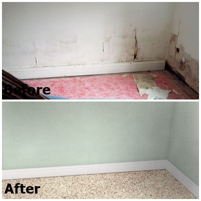 Zdjęcie 'przed' i 'po' przedstawiające narożnik pokoju z widocznymi śladami wilgoci i odpadającej farby na ścianie w górnej części, a w dolnej części odnowiony narożnik z pomalowaną ścianą i nową...