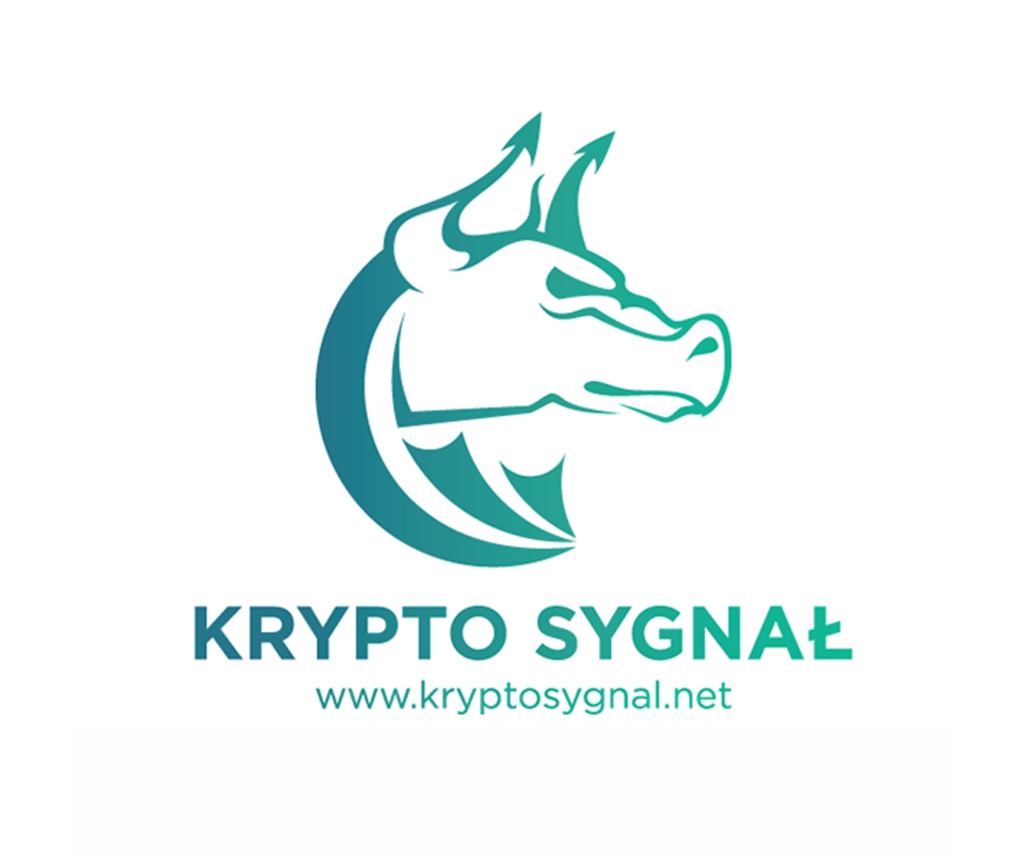 Logo firmy Krypto Sygnał przedstawiające stylizowaną głowę smoka w odcieniach turkusu, z nazwą firmy i adresem strony internetowej poniżej.