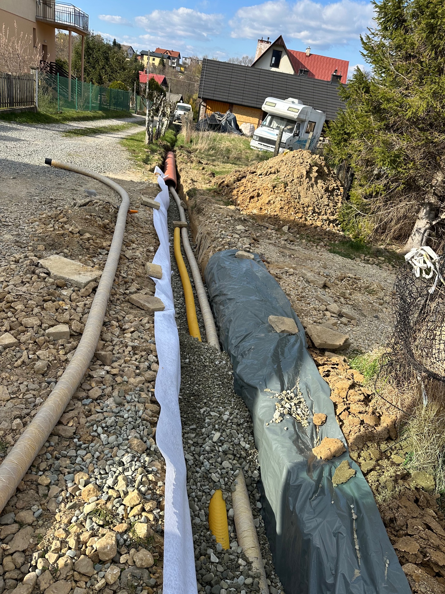 Wykop z ułożonymi rurami (pomarańczowa, żółta, szara) zabezpieczonymi geowłókniną i folią. Widoczne kamienie, ziemia i zabudowania w tle.
